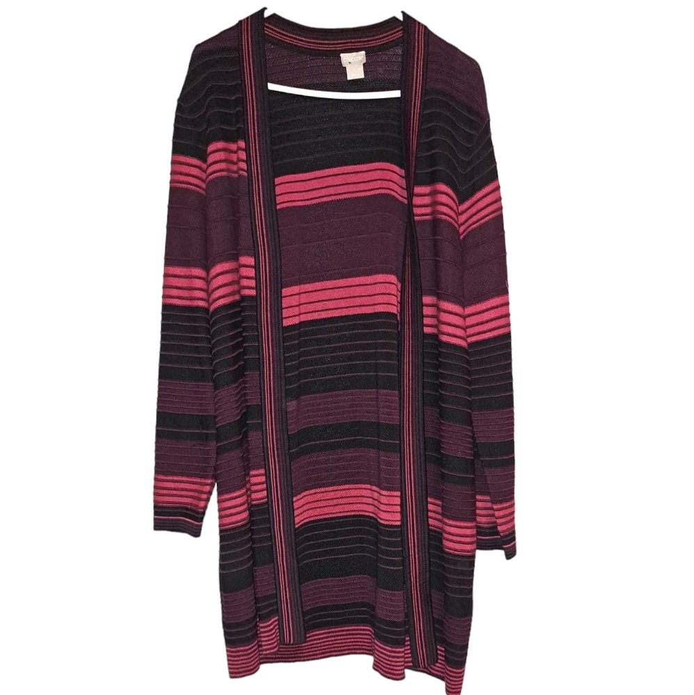Chicos Size 3 (Xl-16)Open Fron Cardigan Maroon And Pink Color Block